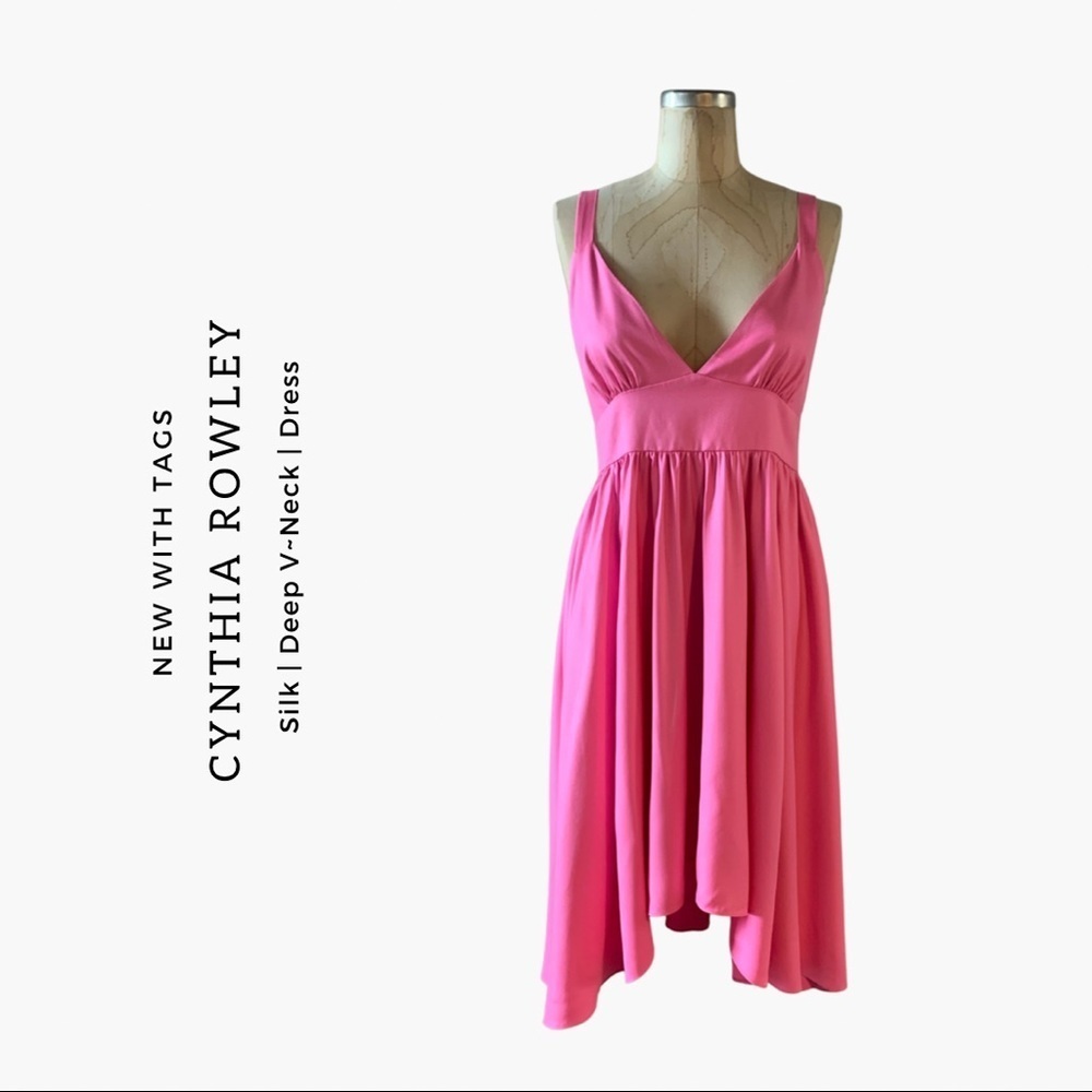 Cynthia Rowley Pink Silk V-Neck Midi Dress Open Back Size 4 NWT